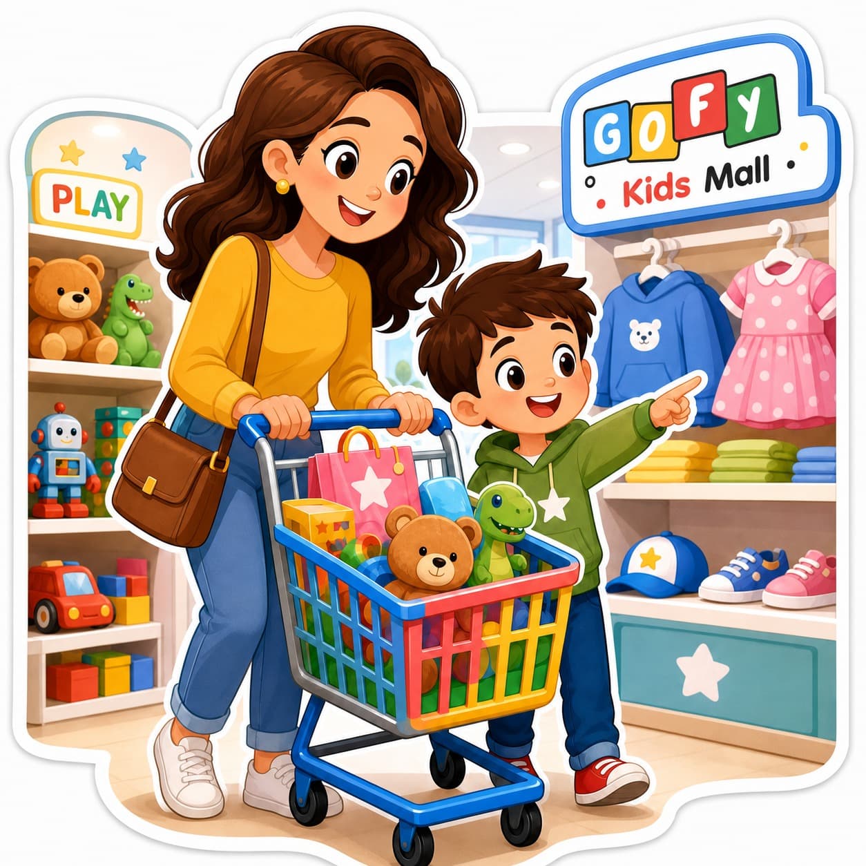 A mom and her son shopping with a cart full of toys at Gofy Kids Mall